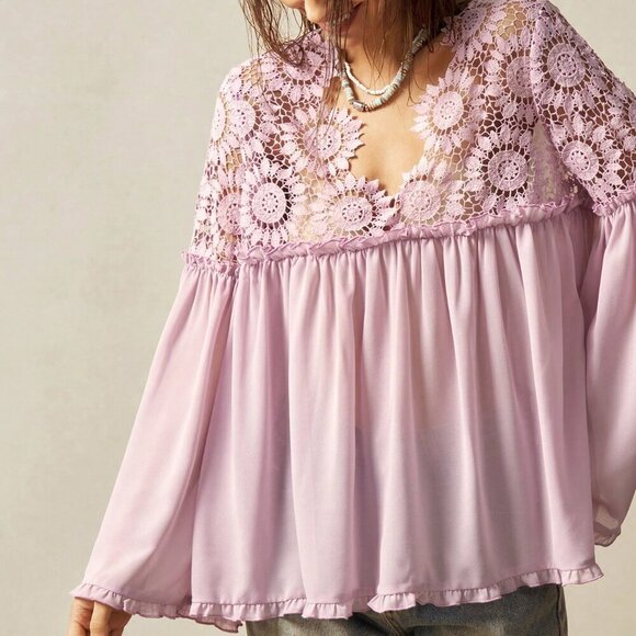 Pink Casual Women's Bohemian Style V-Neck Loose Long Sleeve Blouse - Picture 3 of 7